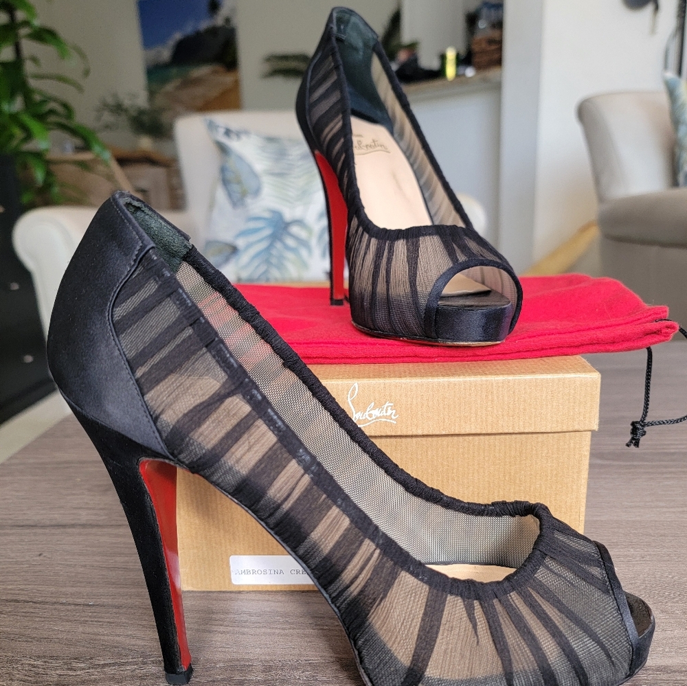 Christian Louboutin Black Crepe Satin Ambrosia Peep-Toe Heels-Size 39/9
